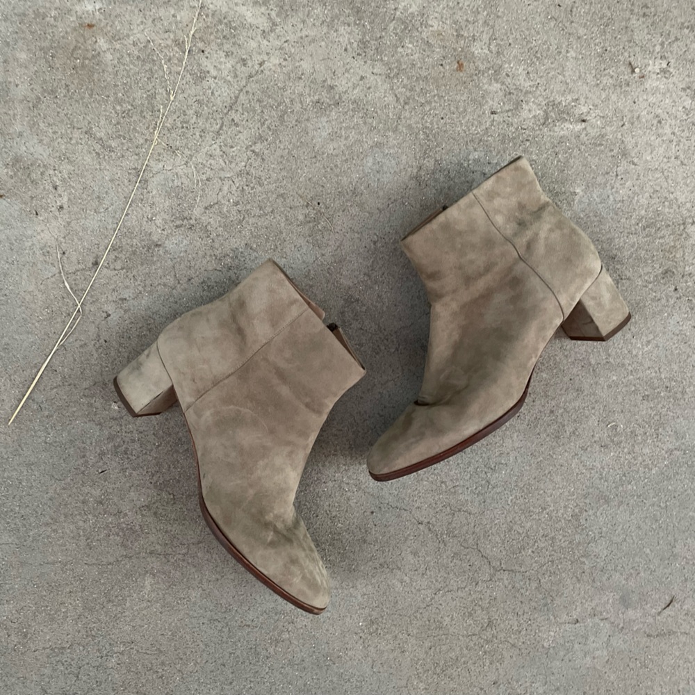 Light Khaki Suede, Round Toe Zip Up Bootie